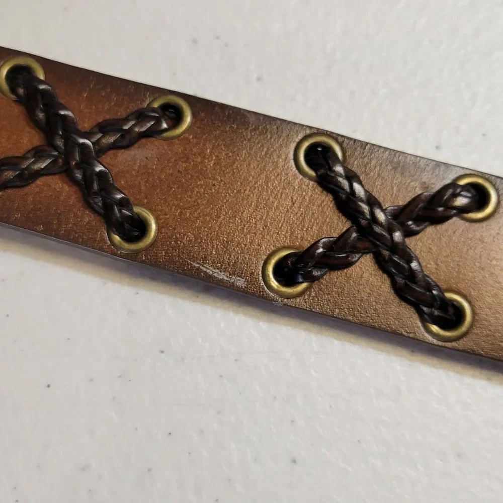 Brown Bonded Leather Belt with Brass Buckle Braided X Design Western